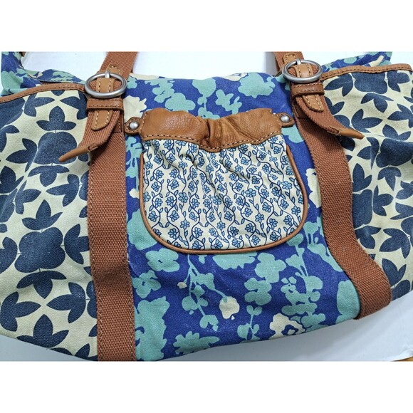 Vintage Key Per FOSSIL Large Floral Duffle Bag Weekender Travel Tote Bag Blue - Picture 2 of 13